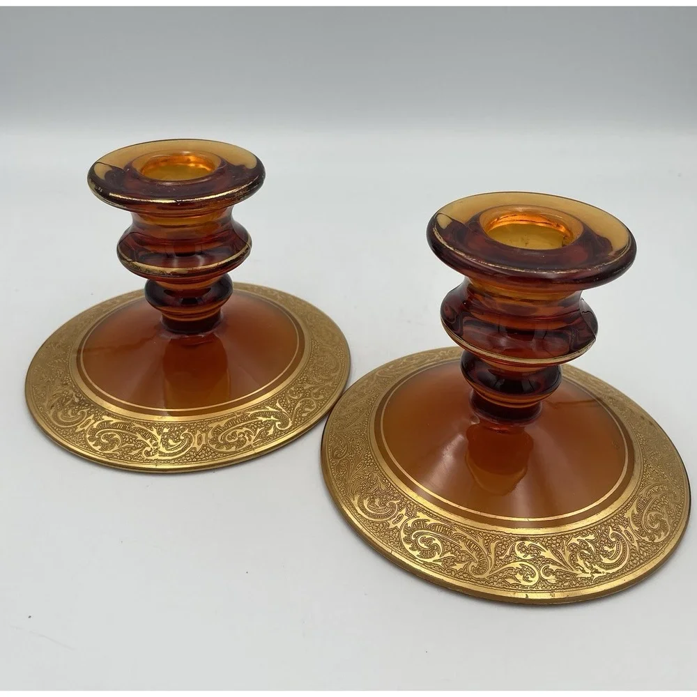 Vtg. Amber Glass Candle Holders Candlestick Pair Gold Encrusted Base Trim 1920's